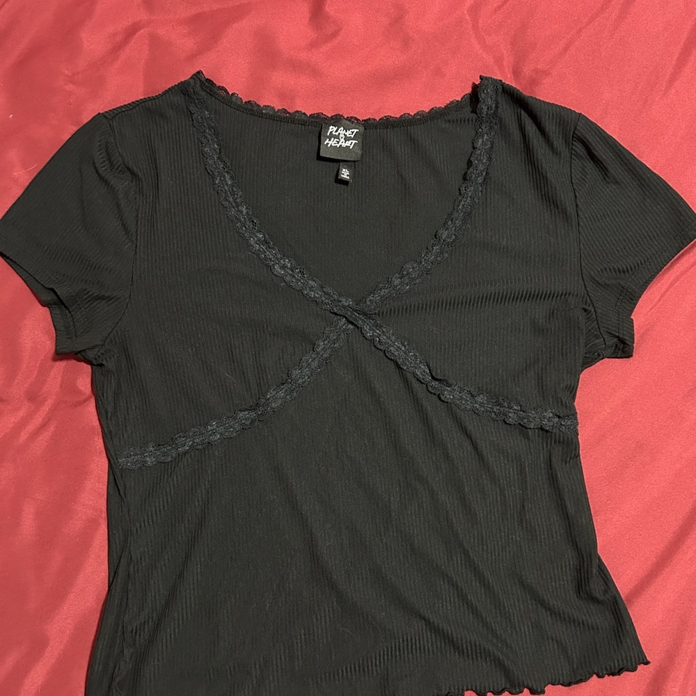 Planet Heart Black Lace and Lettuce Trim Shirt